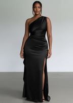 One Shoulder Satin High-Slit Maxi Dress