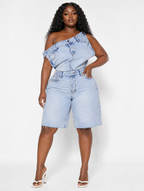 One Shoulder Denim Romper
