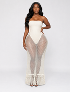 Strapless Fishnet Fringe Gown