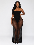 Strapless Fishnet Fringe Gown