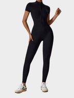 Women Zipper Short Sleeve Nude Yoga Jumpsuit