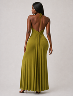 Olive Ruched Halter Maxi