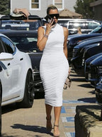 Sexy Slim Fit High Neck Sleeveless Pleated Midi Dress