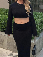 Curve-Hugging Flounce Sleeve Crop Tee & Skirt Set for Spring/Fall